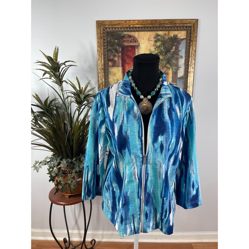 Weekends by Chico's Jacket Womens Size 1‎ Blue Ikat Style Modern Preppy Nautical